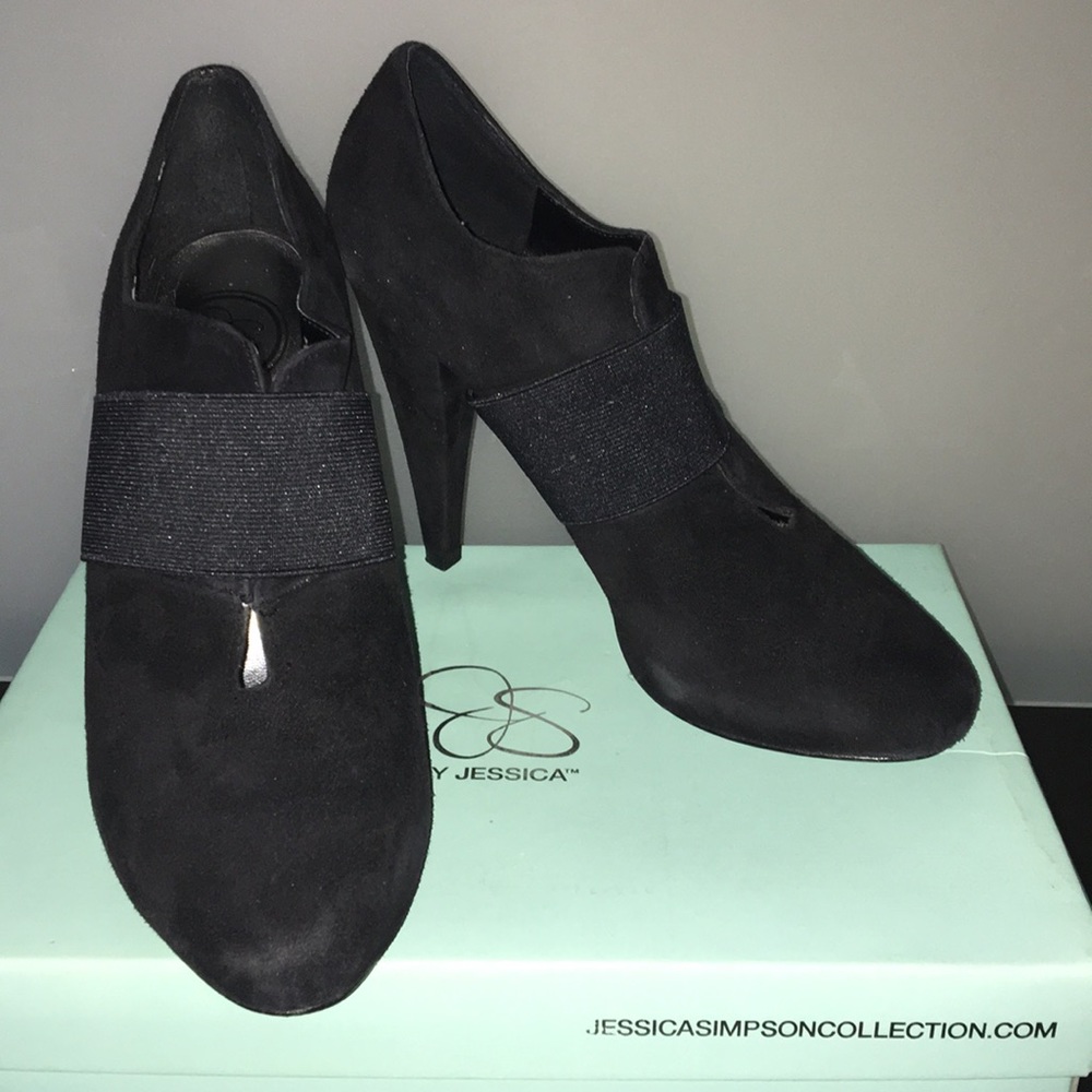 Jessica Simpson black suede elastic strap heel